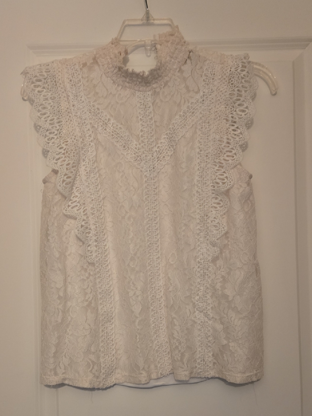 Cable & Gauge Lace Ruffle High-Neck Sleeveless Top - Ivory